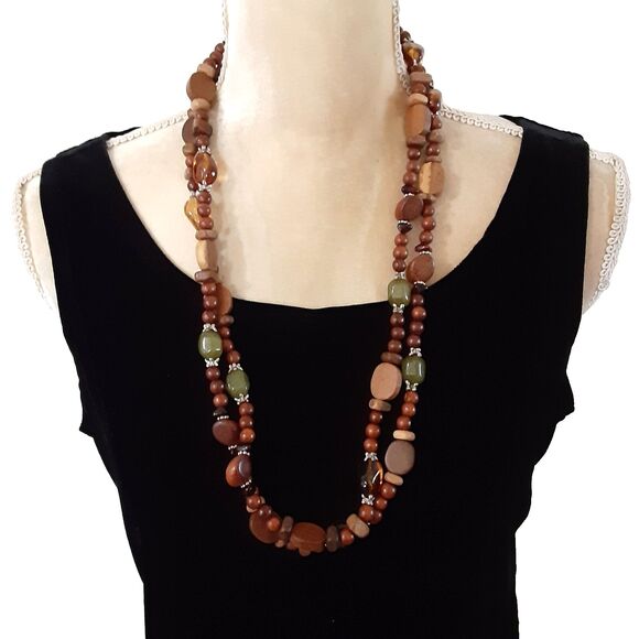 Natural wood tones green bead 58" long necklace rustic - Picture 2 of 4